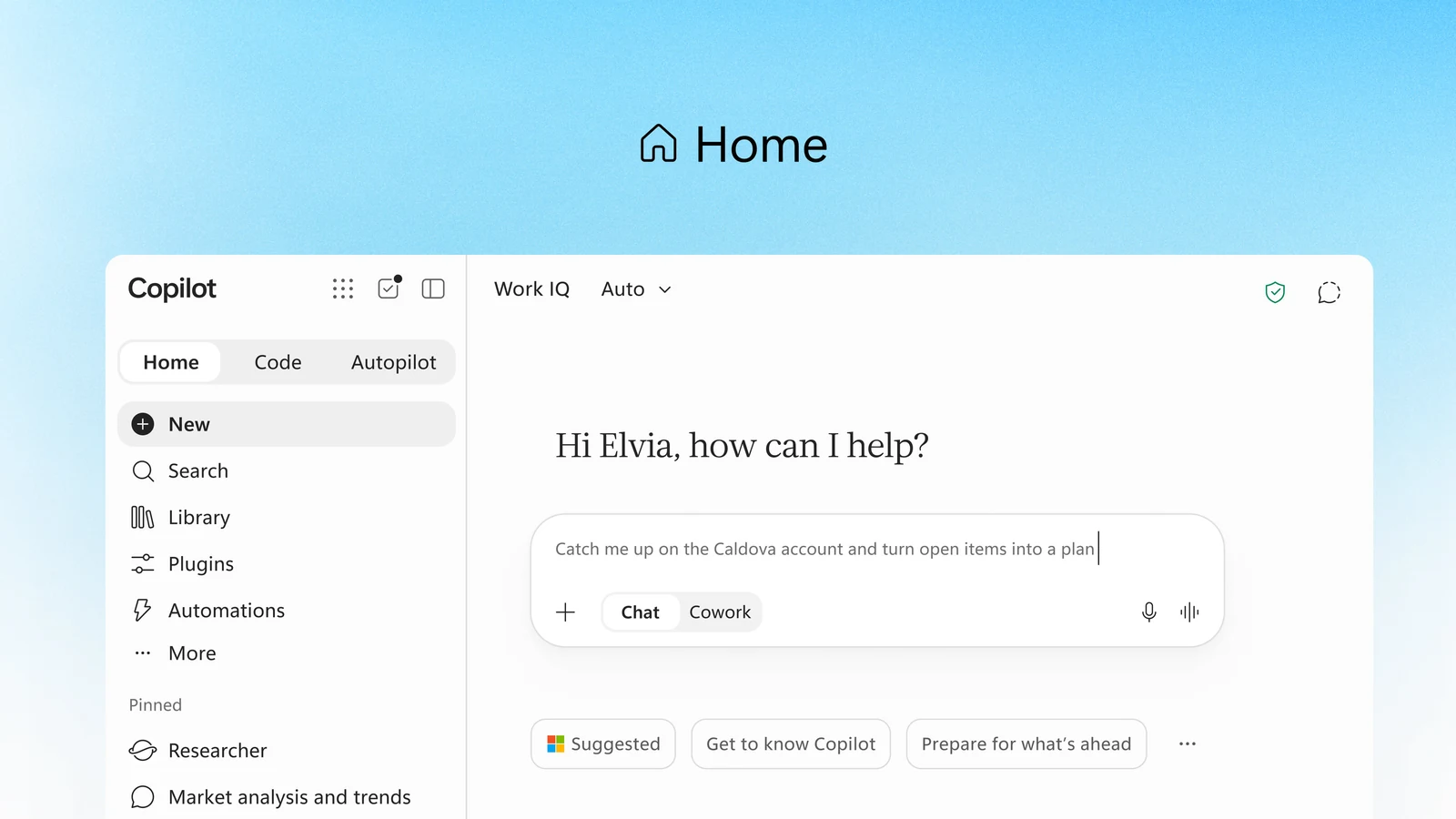 Microsoft Copilot Home launch image showing Home, Code and Autopilot navigation, with Chat and Cowork in the same prompt box.